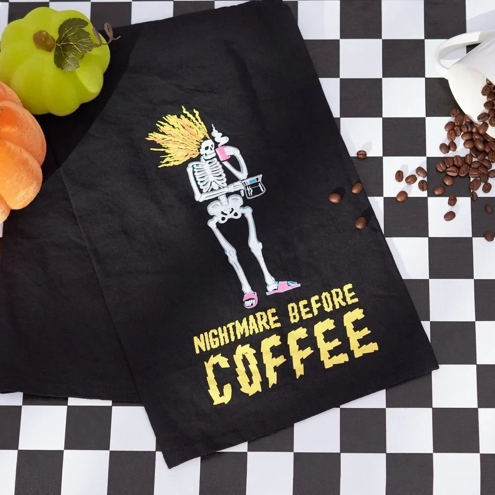 Nightmare Before Coffee Skeleton Kitchen Towel | Black Cotton Halloween Themed